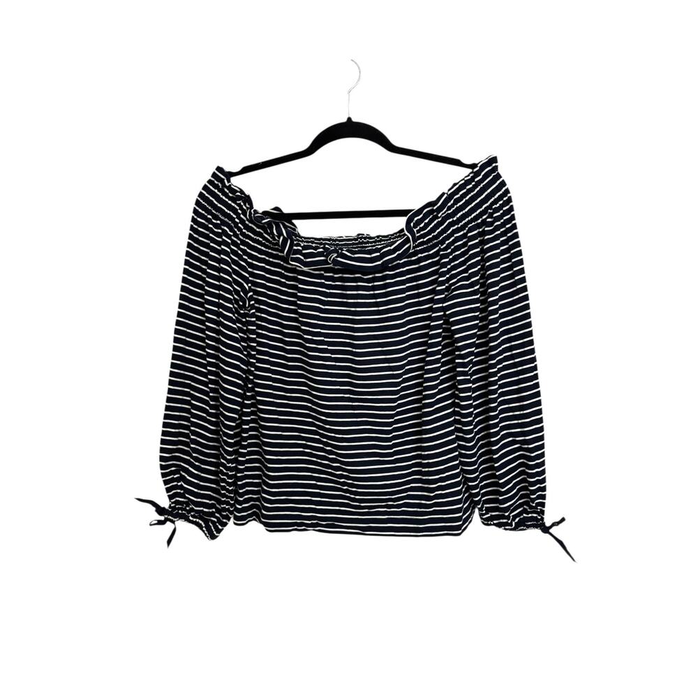 Banana Republic Top Womens Medium Off Shoulder Blouse Navy White Stripe Tie Cuff